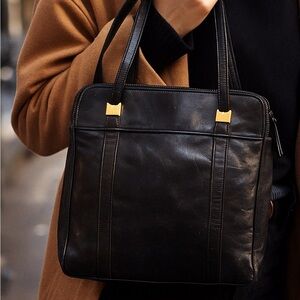 Vintage 80s/90s Black Leather Shoulder Bag Collect•Ables Multi-Zip Compartments